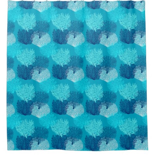 Fan Coral Print Turquoise Aqua and Cobalt Blue Shower Curtain