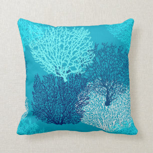 Fan Coral Print, Turquoise, Aqua and Cobalt Blue Throw Pillow