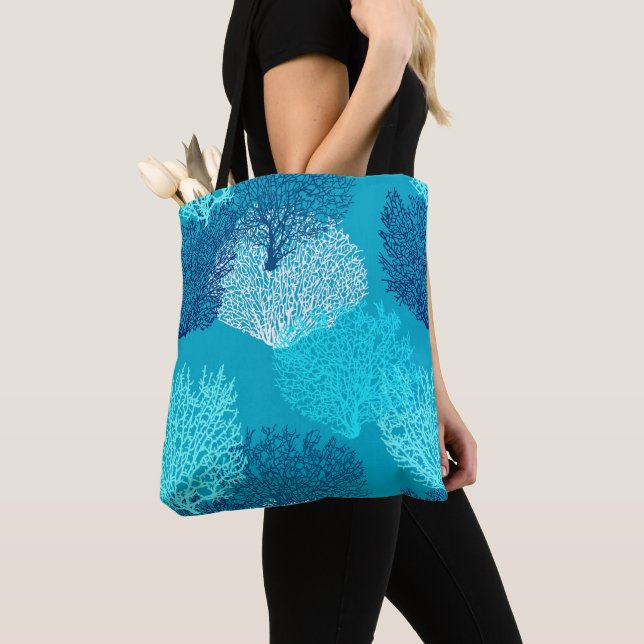 Fan Coral Print, Turquoise, Aqua and Cobalt Blue Tote Bag (Close Up)