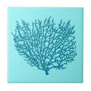 Fan Coral Print, Turquoise on an aqua background Tile