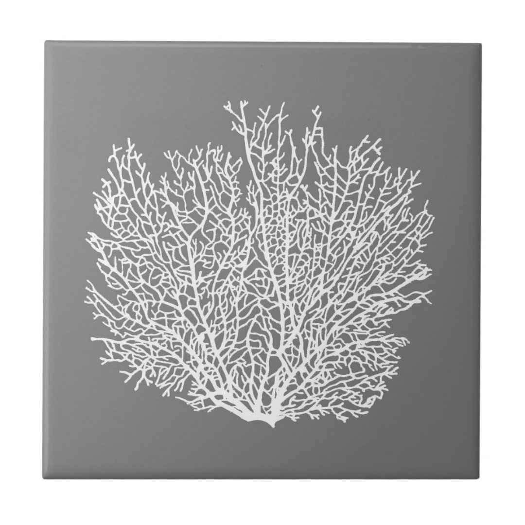 Fan Coral Print, White on Medium Gray / Grey Ceramic Tile | Zazzle