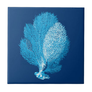 Fan Coral Sea Life Print, Indigo Blue and White Ceramic Tile