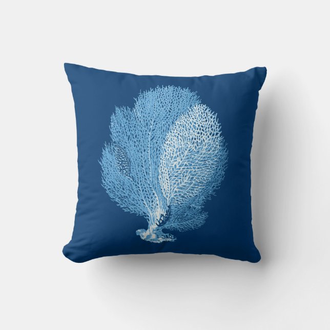 Fan Coral Sea Life Print, Indigo Blue and White Throw Pillow (Front)