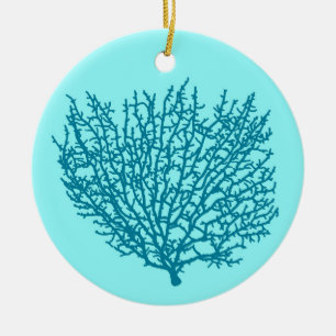 Fan Coral Turquoise on an Aqua Background Ceramic Ornament