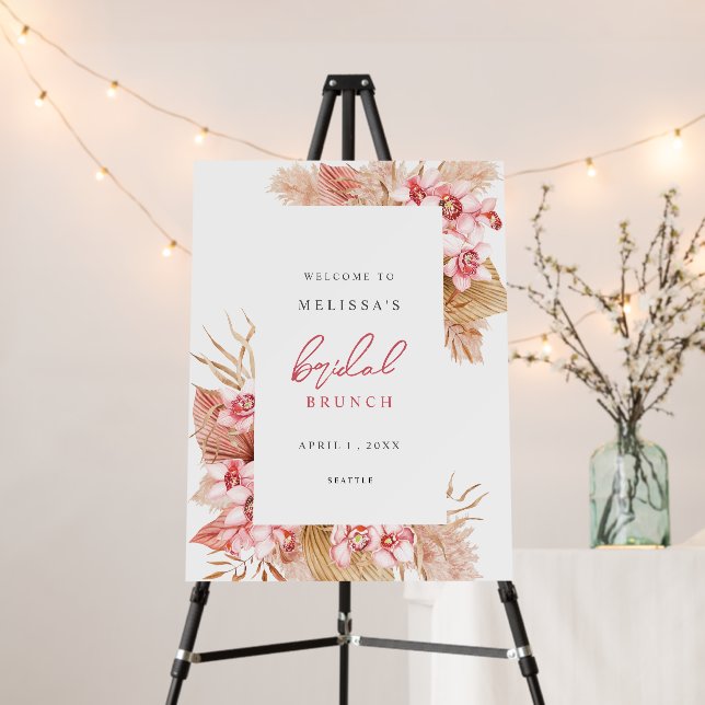 Fan Floral Feather Bridal Brunch Sign Pink (In Situ (Stand))