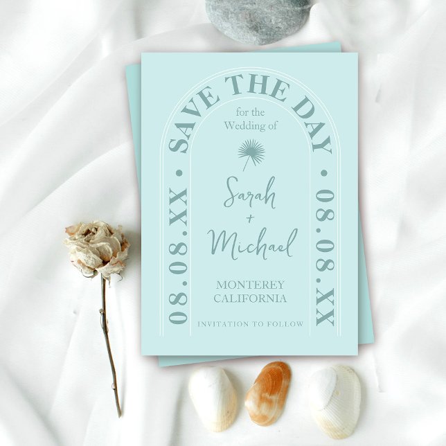 Fan Palm Leaf Tropical Bright Summer Save The Date Invitation (Creator Uploaded)