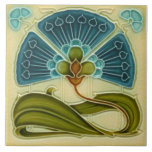 Fan-tastic Repro Richards Art Nouveau Teal Floral Ceramic Tile<br><div class="desc">Early 1900s tile in shades of teal blue,  sienna,  olive green,  and cream. Original reproduced here was made by H. Richards. Although the original tile is embossed,  this one just looks like it is ~ the actual tile is flat.</div>