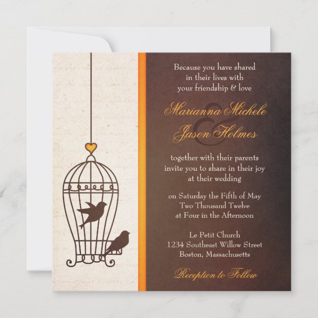 Fanciful Bird Cage - Autumn Orange Wedding Invitation (Front)