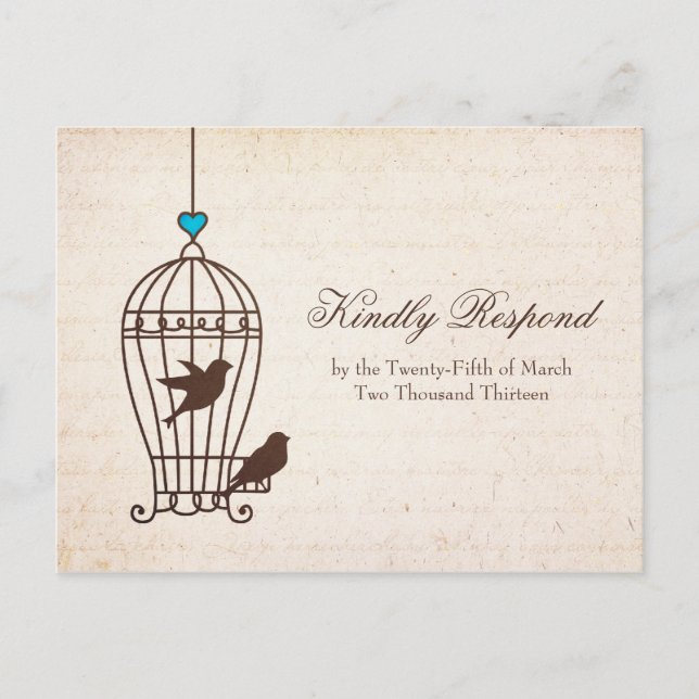 Fanciful Bird Cage - Chocolate & Teal Wedding RSVP Invitation Postcard (Front)