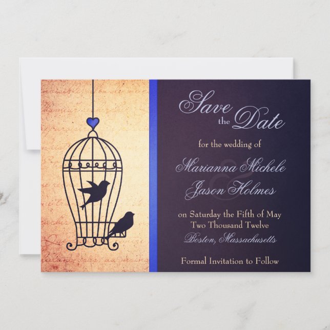 Fanciful Bird Cage with Blue Ribbon Save the Date (Front)