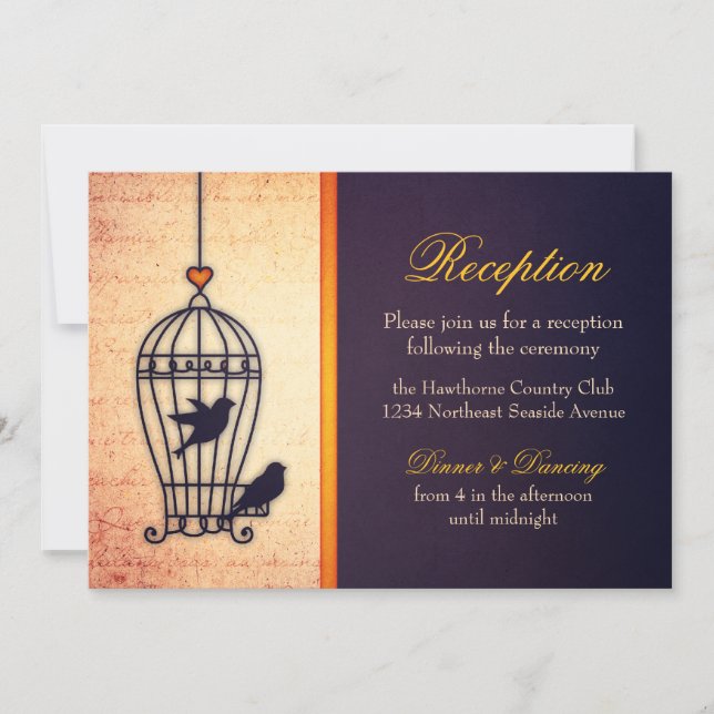 Fanciful Bird Cage with Gold Ribbon Reception Invitation (Front)