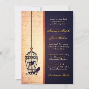 Fanciful Bird Cage with Gold Ribbon Wedding Invitation