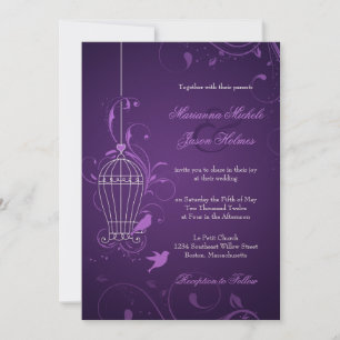 Fanciful Bird Cage with Swirls Aubergine Wedding Invitation