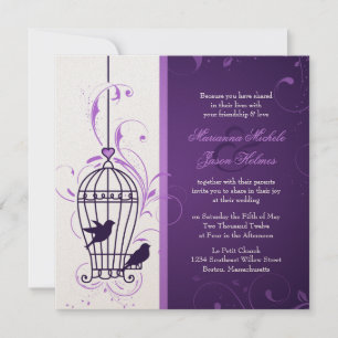 Fanciful Bird Cage with Swirls Aubergine Wedding Invitation