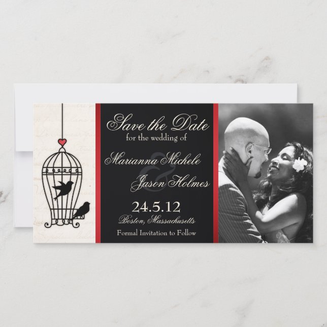 Fanciful Birdcage Photo Save the Date Red Ribbon (Front)