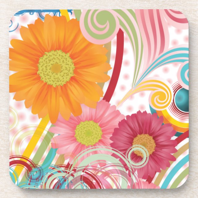 Fanciful Flowers on White Beverage Coaster (Front)