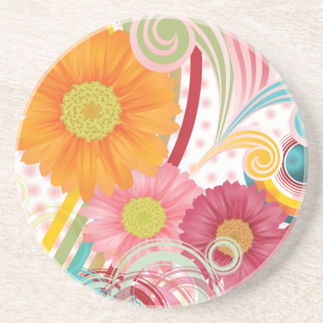 Fanciful Flowers on White Drink Coaster (Front)