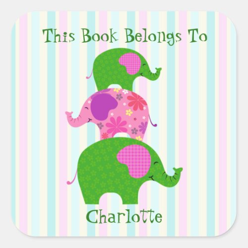 Fanciful Green and Pink Elephants Les Elephants Square Sticker