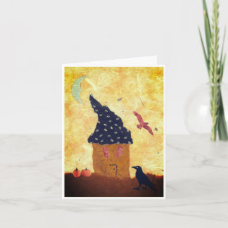 Fanciful Halloween Greeting Card with House, Crow