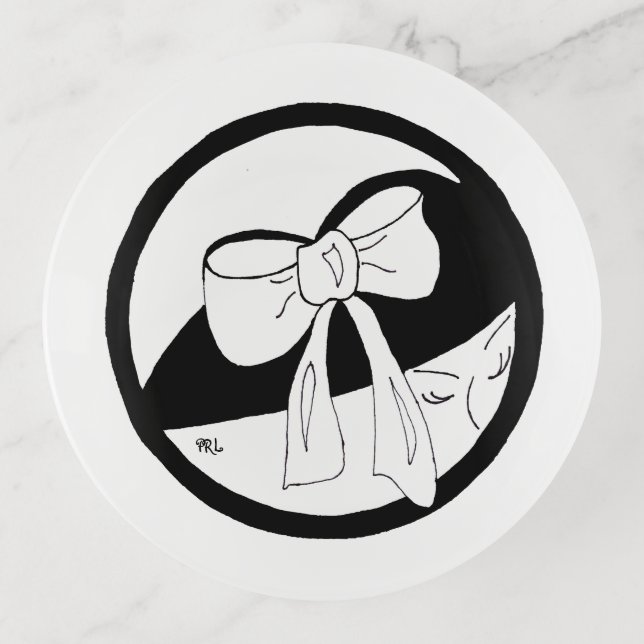 Fanciful Hats Black White Bow Round Trinket Tray (Front)