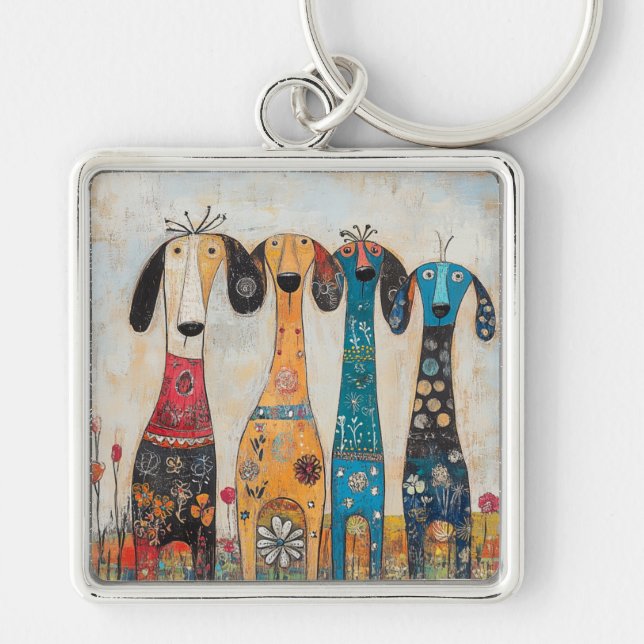 Fanciful Long Tall Hound Dogs Keychain (Front)