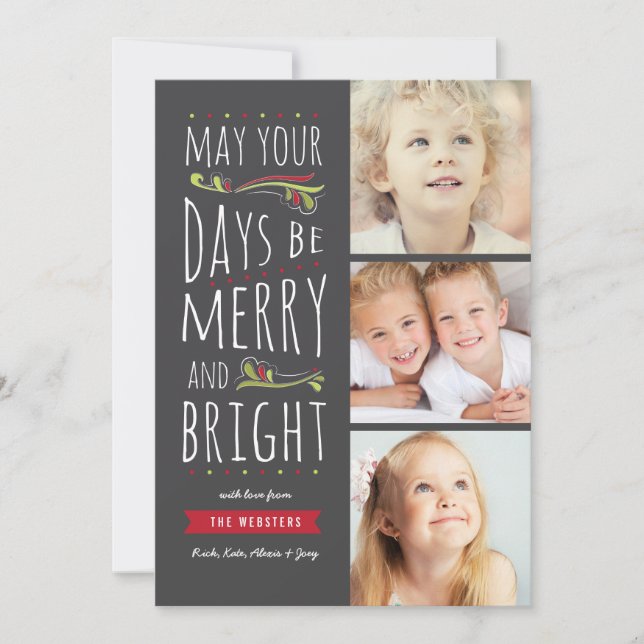 Fanciful Merry & Bright 3 Photo Christmas Card (Front)
