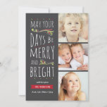 Fanciful Merry & Bright 3 Photo Christmas Card<br><div class="desc">A sweet wish for a Merry and Bright Christmas is sent with this modern design featuring a lovely hand lettering and highlighted by a illustrated scrolls in red and green set against a gray background with space for three photos of your family. A charming and playful contemporary greeting to send...</div>