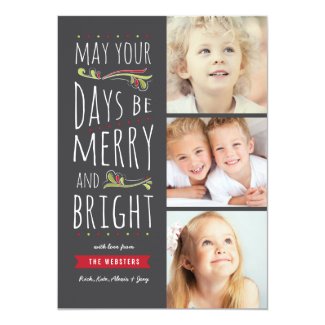 Fanciful Merry &amp; Bright 3 Photo Christmas Card