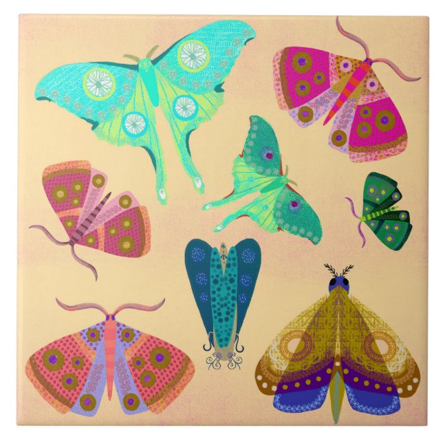 Fanciful Moths Ceramic Kitchen Tile (Front)