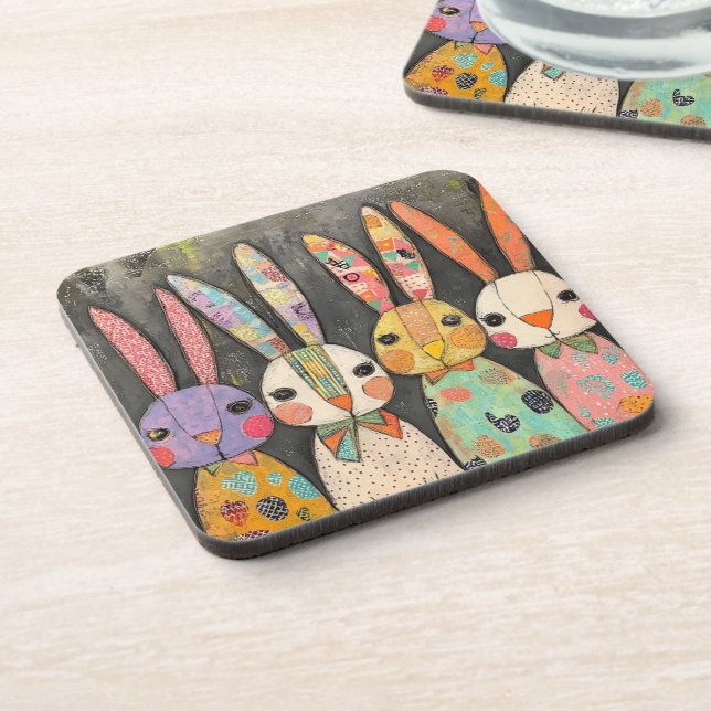 Fanciful Patchwork Easter Bunny Rabbits Beverage Coaster (Left Side)