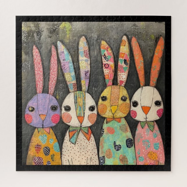 Fanciful Patchwork Easter Bunny Rabbits Jigsaw Puzzle (Vertical)