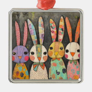 Fanciful Patchwork Easter Bunny Rabbits Metal Ornament