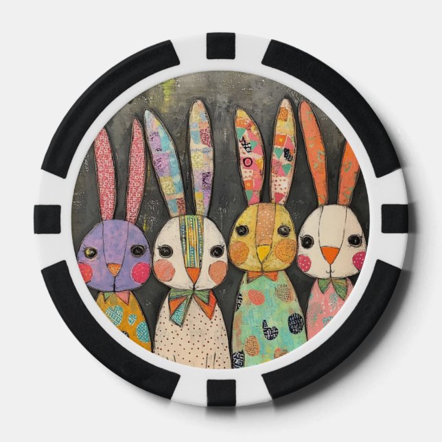 Fanciful Patchwork Easter Bunny Rabbits Poker Chips (Front)