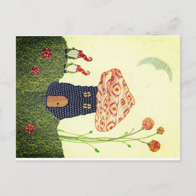 Fanciful Postcard with Mushroom House, Two Gnomes (Front)