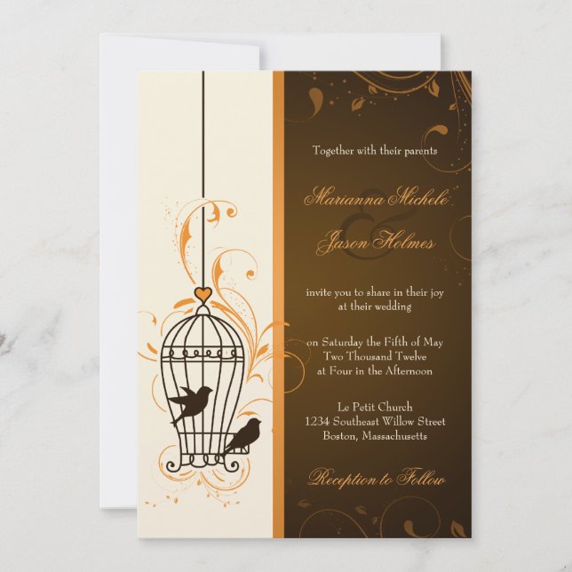 Fanciful Swirls Birdcage Orange & Brown Wedding Invitation (Front)
