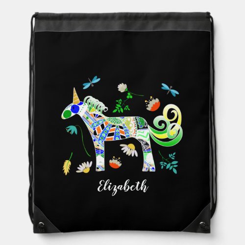 Fanciful Unicorns and Dragonflies  Drawstring Bag