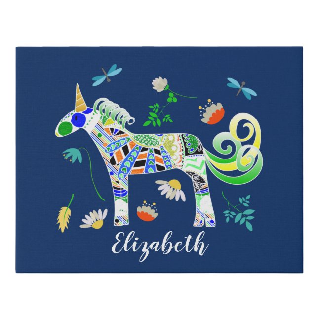 Fanciful Unicorns and Dragonflies Faux Canvas Print (Front)