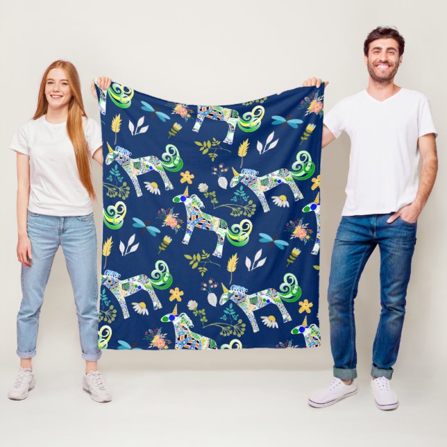 Fanciful Unicorns and Dragonflies Fleece Blanket (In Situ)