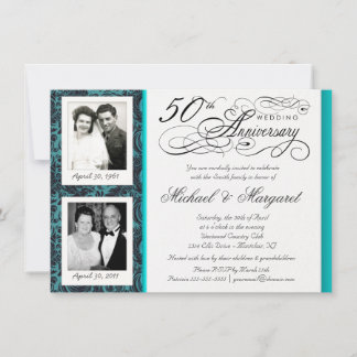 Fancy 50th Anniversary Invitations - Blue Damask