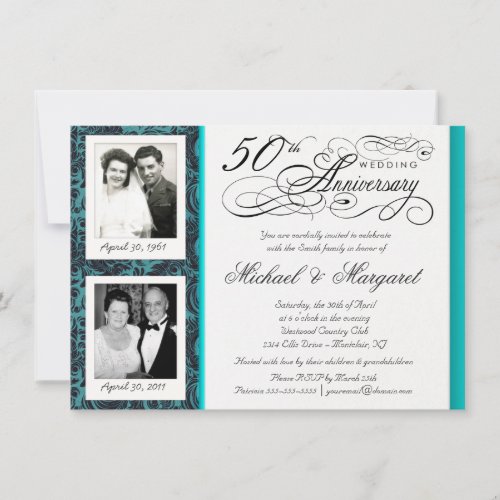 Fancy 50th Anniversary Invitations - Blue Damask