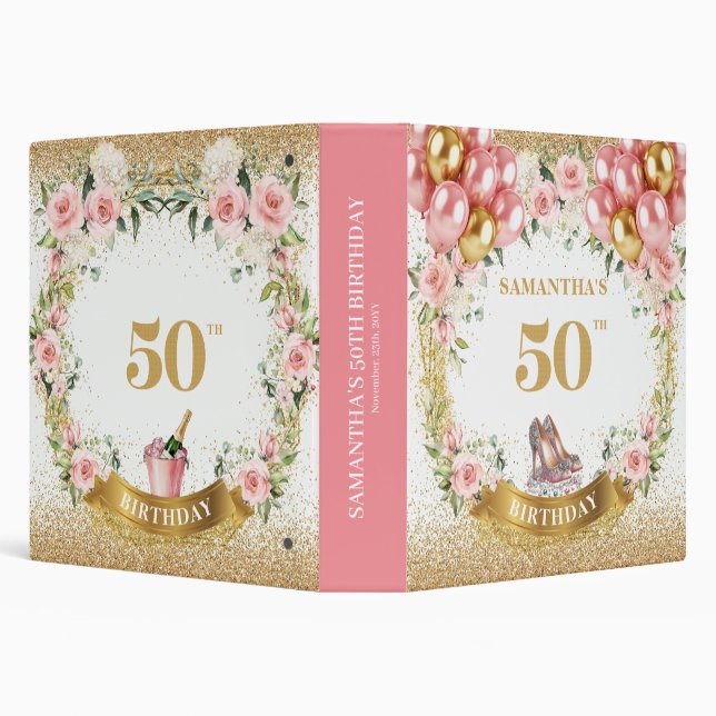 Fancy 50th Birthday Blush Flowers Memory Album 3 Ring Binder (Background)