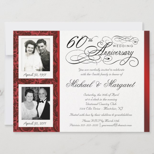 Fancy 60th Anniversary Invitations - Then & Now (Front)