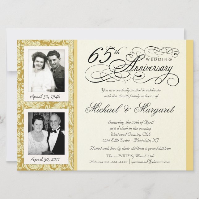 Fancy 65th Anniversary Invitations - Then & Now (Front)