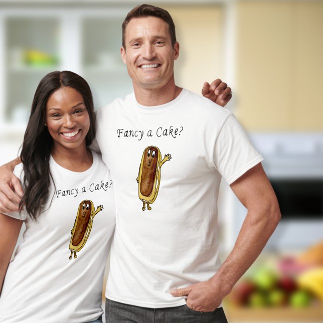 Fancy a Cake Funny Chocolate Eclair Quirky Art T-Shirt (Fancy a cake quote chocolate eclair cute cartoon art T-shirt for sweet treat, baking and cake lovers)
