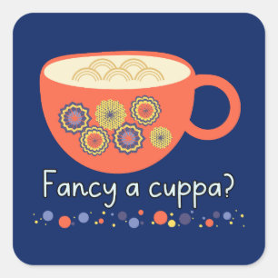 Fancy A Cuppa? Cute Patchwork Tea Time Square Sticker