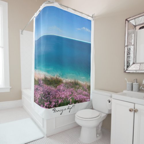 Fancy a dip  Cornish cliff top view sea pinks Shower Curtain