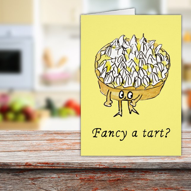 Fancy a Tart Funny Lemon Meringue Pie quote Cards (Lemon meringue pie cute cartoon art with funny word play quote fancy a tart greetings card)
