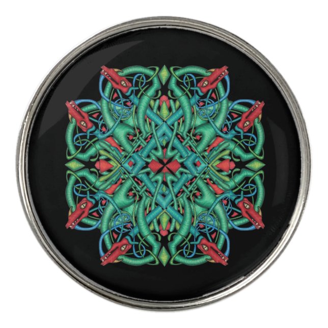 Fancy Abstract Celtic Know Diamonds Dragon Heads Golf Ball Marker (Front)