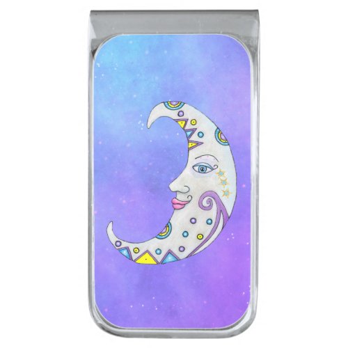 Fancy Abstract Crescent Moon Colorful Decorations  Silver Finish Money Clip