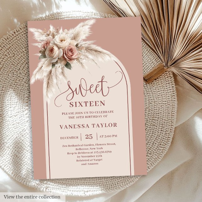 Fancy Arch Pastel Pink Pampas Floral Boho Sixteen Invitation (Fancy Arch Pastel Pink Pampas Floral Boho Sixteen

)